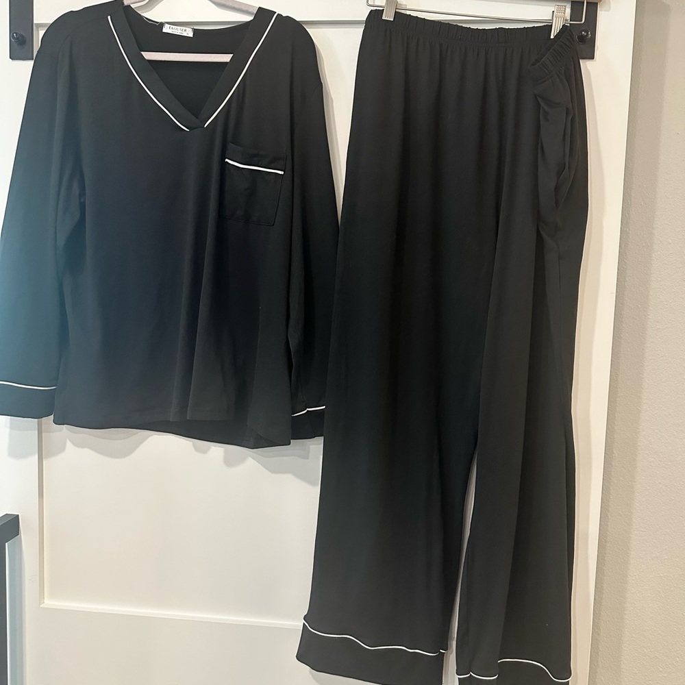 Elegant Black Pajama Set with White Accents